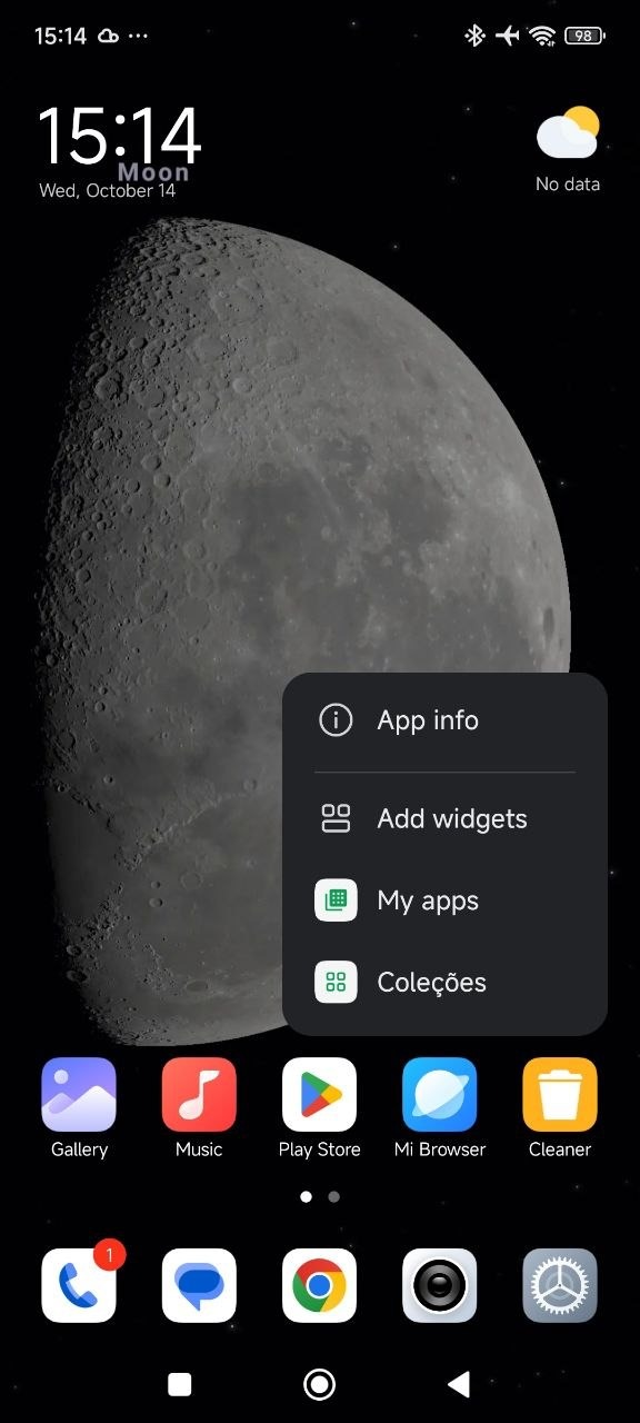 Home screen menu with App info at the top