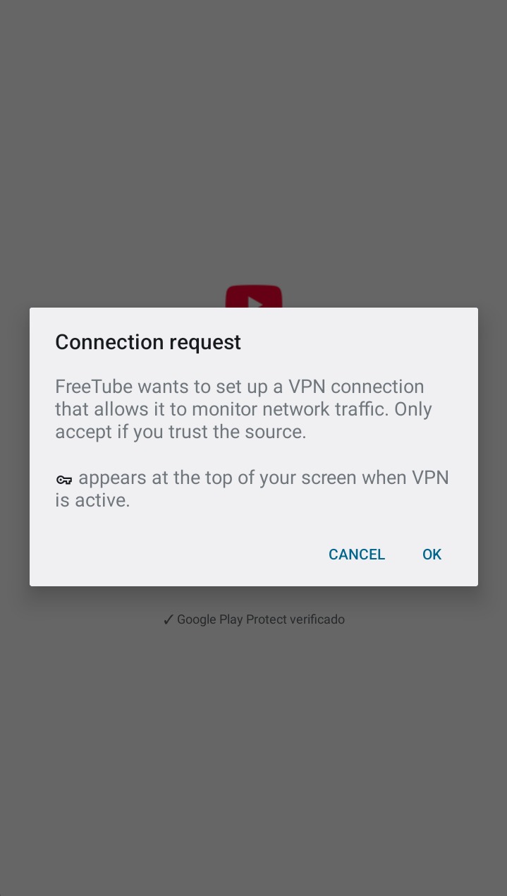 Connection request from FreeTube, with Cancel and OK