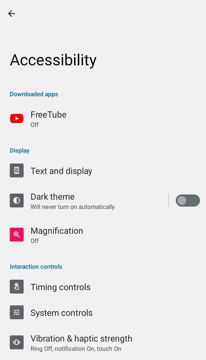 Accessibility screen with FreeTube under Downloaded apps, switched off