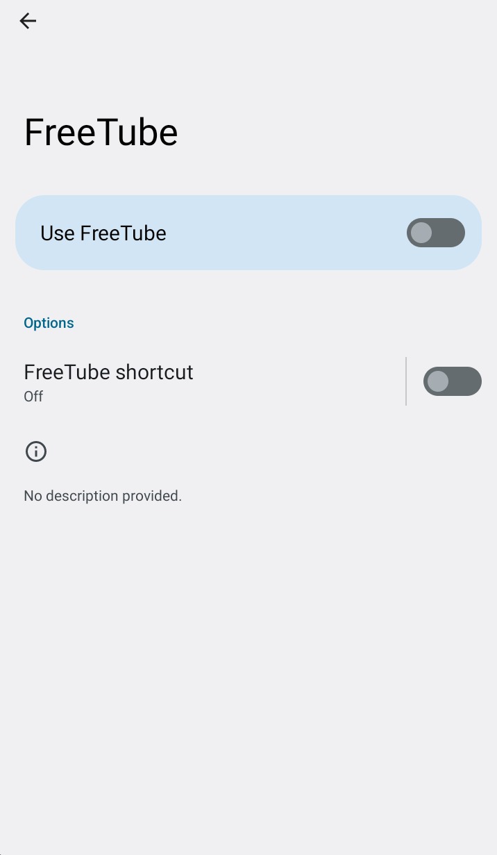 FreeTube accessibility screen with Use FreeTube switched off
