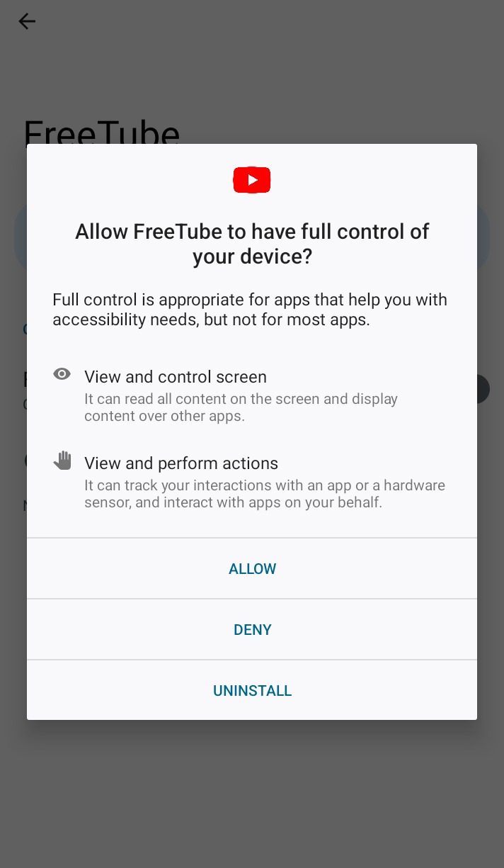 Dialog asking to allow FreeTube full control, with Allow, Deny, and Uninstall